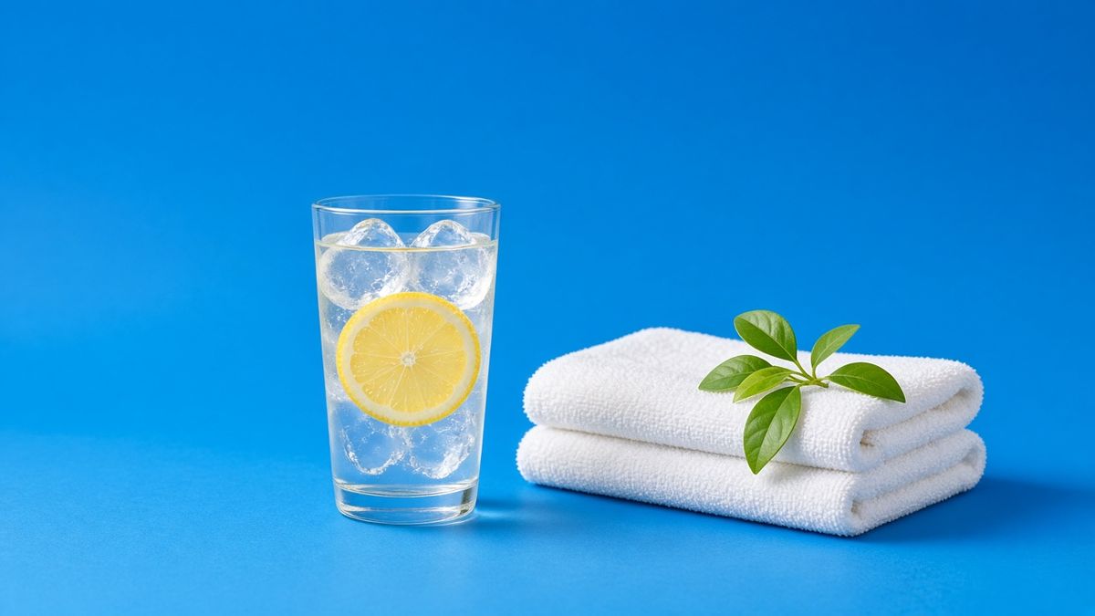 Photo : verre d'eau citronnée et serviette blanche pliée sur fond bleu ciel, consignes après une injection de botox