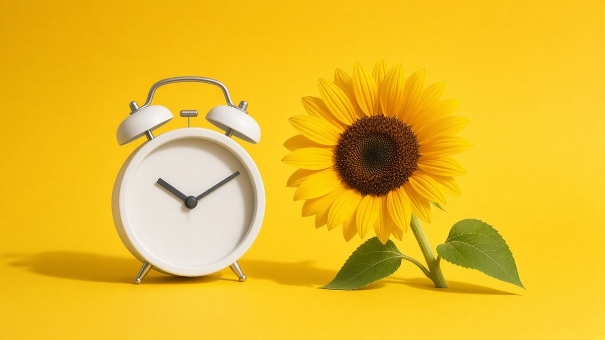 Photo : réveil blanc et tournesol sur fond jaune soleil, délai d'effet du botox du front