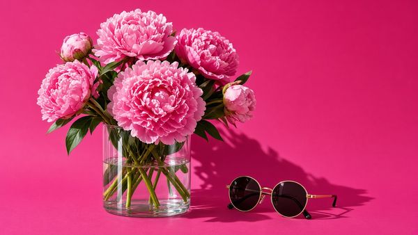 Photo : bouquet de pivoines roses et lunettes de soleil sur fond fuchsia, pattes d'oie et sourire naturel