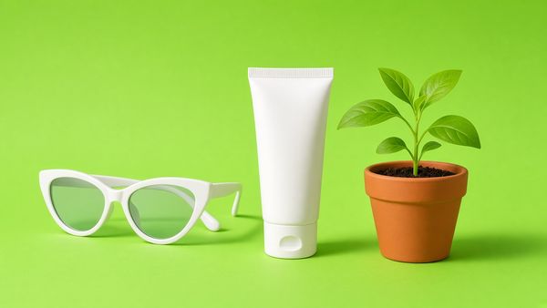 Photo : lunettes de soleil, tube de crème sans marque et jeune pousse sur fond vert citron, prévention des rides à 30 ans