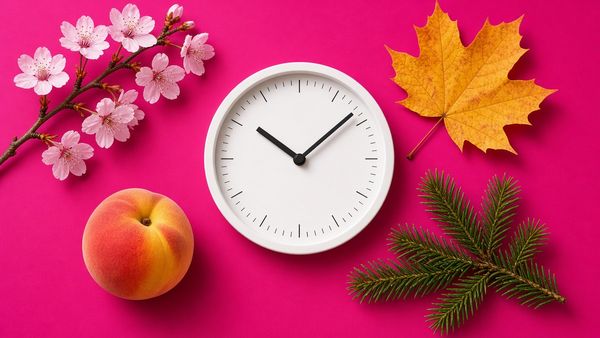 Photo : horloge blanche entourée de fleurs de cerisier, pêche, feuille d'automne et branche de sapin sur fond magenta, rythme des injections sur l'année