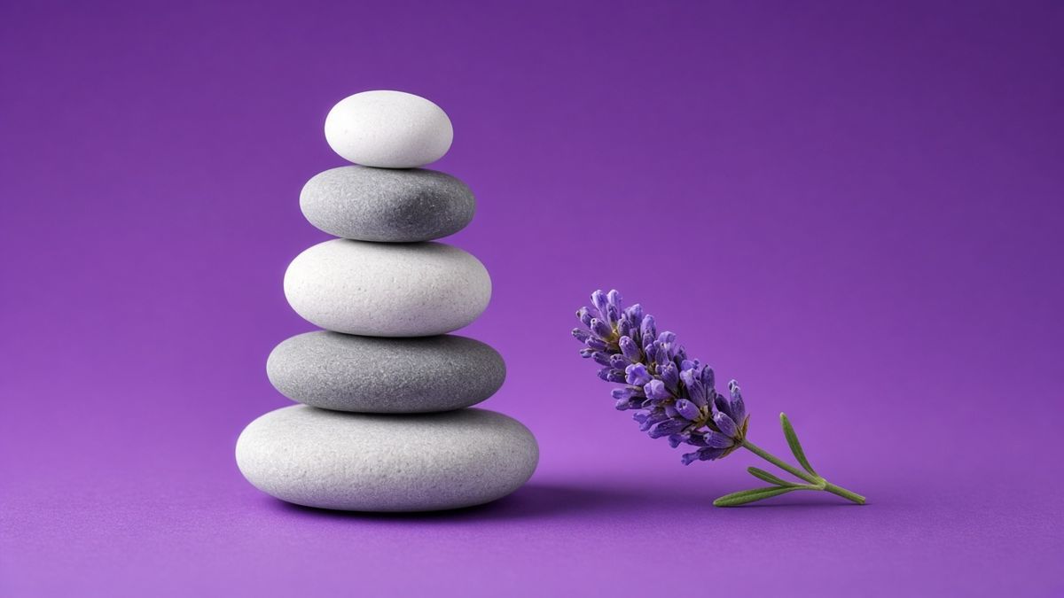 Photo : galets en équilibre et brin de lavande sur fond violet, contre-indications de la toxine botulique