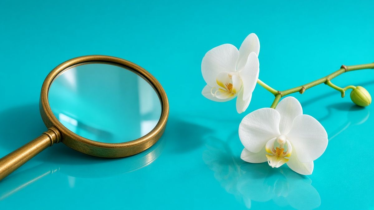 Photo : miroir à main doré et orchidée blanche sur fond turquoise, paupière tombante après botox