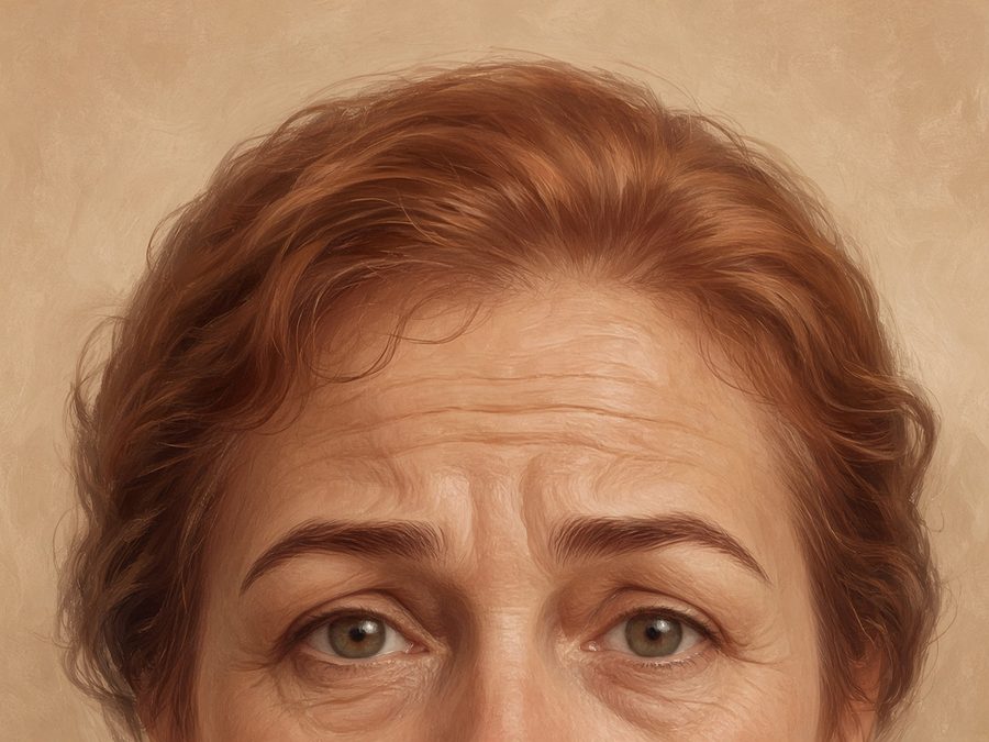 Illustration avant : rides horizontales du front marquées en haussant les sourcils, femme, 45-55 ans (illustration, pas un patient réel)