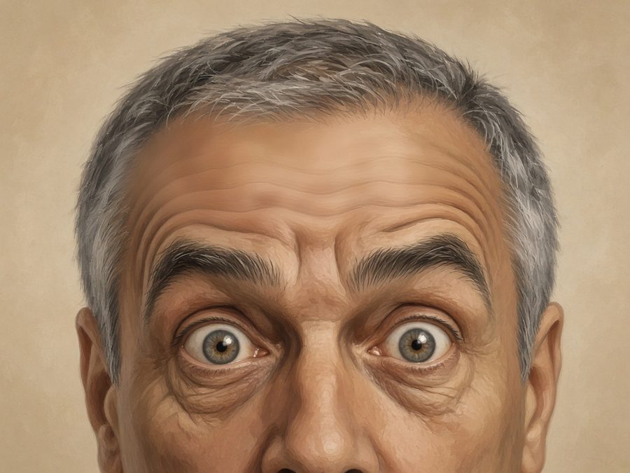 Illustration après, vers J15 : rides horizontales du front adoucies, expression conservée, homme, 55-60 ans (même illustration retouchée)