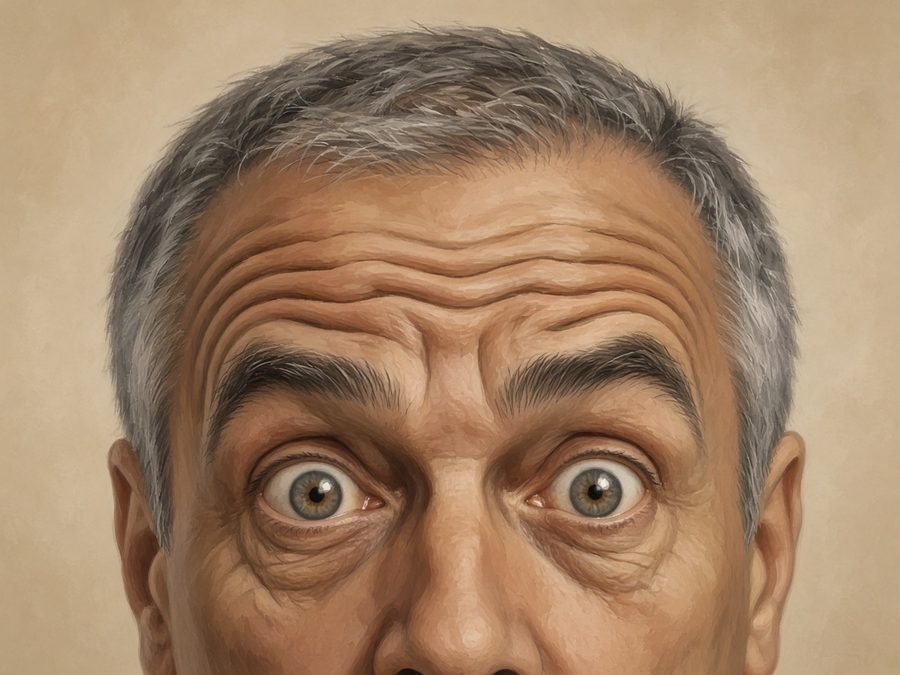 Illustration avant : rides horizontales du front marquées en haussant les sourcils, homme, 55-60 ans (illustration, pas un patient réel)