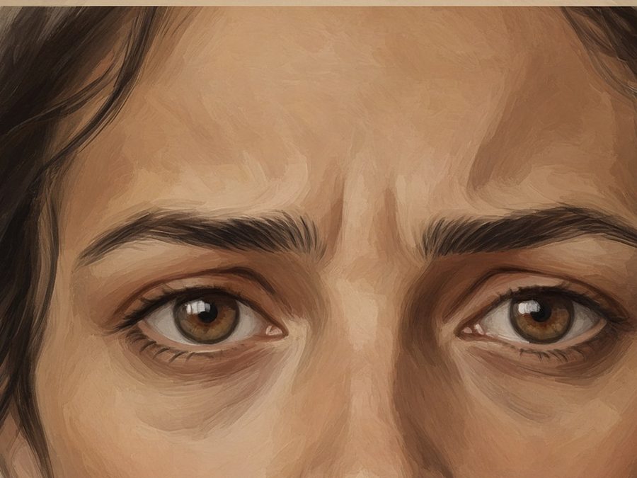 Illustration avant : plis verticaux de la ride du lion marquées en fronçant les sourcils, femme, 30-35 ans (illustration, pas un patient réel)