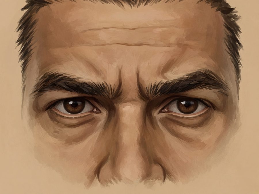 Illustration avant : plis verticaux de la ride du lion marquées en fronçant les sourcils, homme, 45 ans (illustration, pas un patient réel)