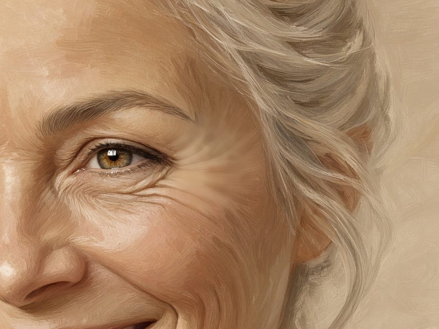 Illustration après, vers J15 : pattes d'oie au coin externe de l'œil adoucies, expression conservée, femme, 50-55 ans (même illustration retouchée)